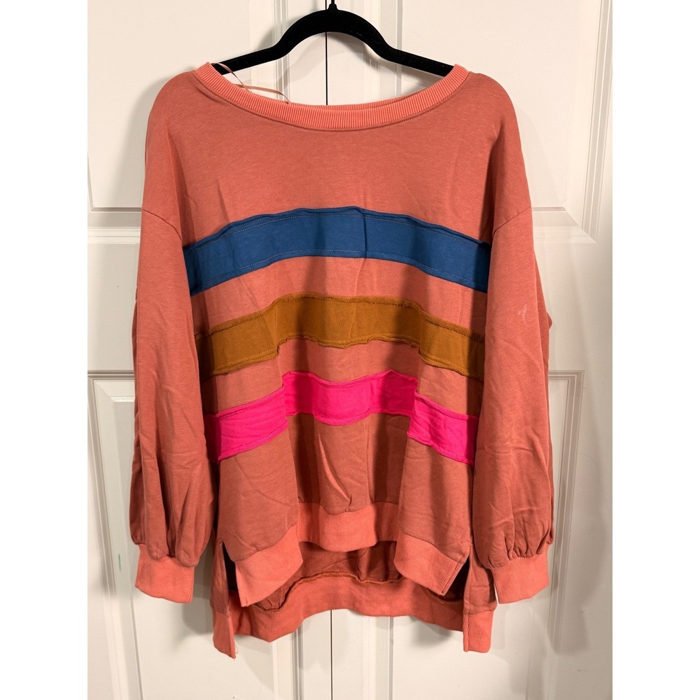 Fantastic Fawn Women Medium Coral Orange Striped Raw Edge Sweatshirt Pullover